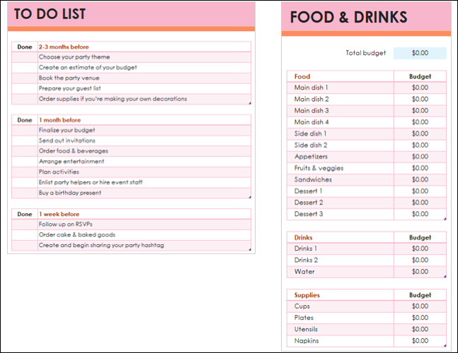 Party Planner template สิ่งที่ต้องทำกับอาหารและเครื่องดื่ม