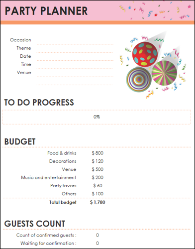 Seção de progresso do modelo de planejador de festas