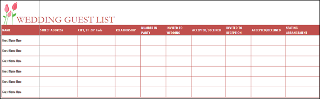 Modelo Excel de lista de convidados de casamento