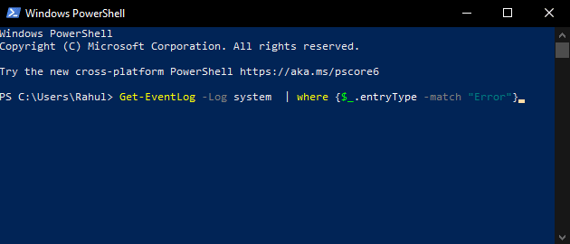 interfaccia di Windows PowerShell con comando. Come visualizzare i registri degli arresti anomali e i registri degli errori di Windows 10