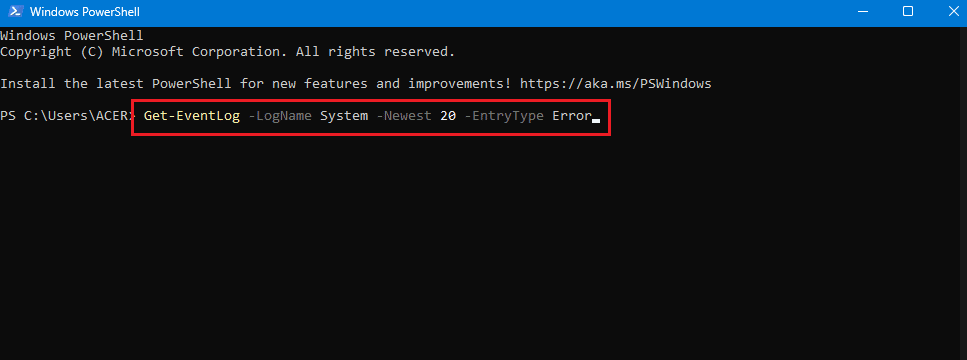 pobierz dziennik zdarzeń logname systemu najnowsze polecenie w powershell