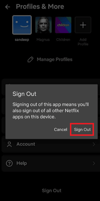 opción de cerrar sesión. Arreglar Netflix Este título no está disponible para ver al instante Error