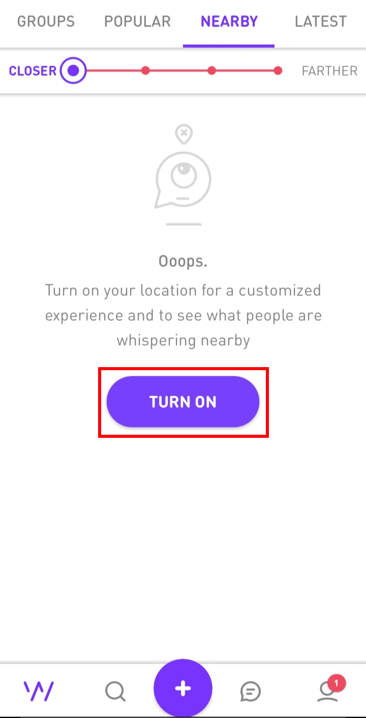 Toque no botão LIGAR para ativar sua permissão de localização | pesquisar nomes de usuários no Whisper | Como ver o perfil de sussurro de alguém