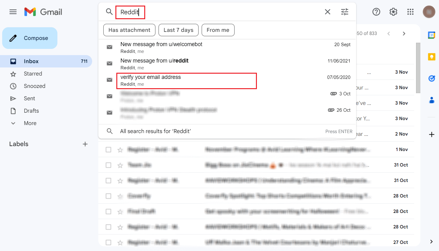 Masukkan Reddit di bilah pencarian dan klik pada email verifikasi yang dikirim oleh Reddit | Cara Menemukan Akun Reddit Seseorang melalui Email