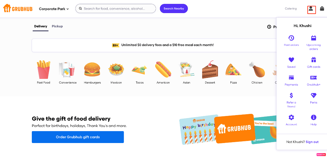 kunjungi situs web Grubhub dan klik ikon profil Anda dari sudut kanan atas