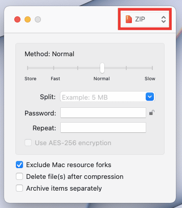 選擇要壓縮文件的格式。修復 macOS 上的 Keka 錯誤代碼 2