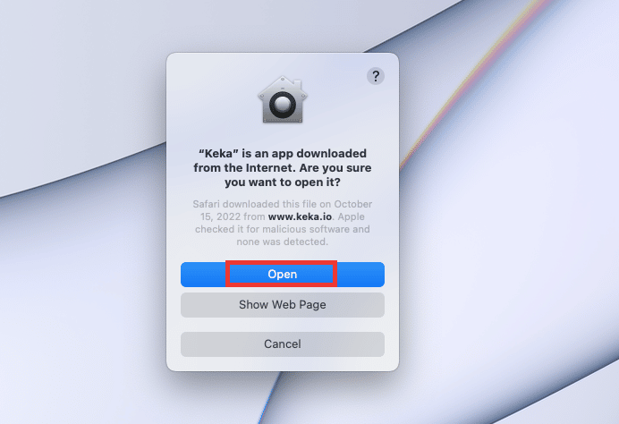 Klicken Sie auf Öffnen, um die Berechtigung zu erteilen. Korrigieren Sie den Keka-Fehlercode 2 unter macOS