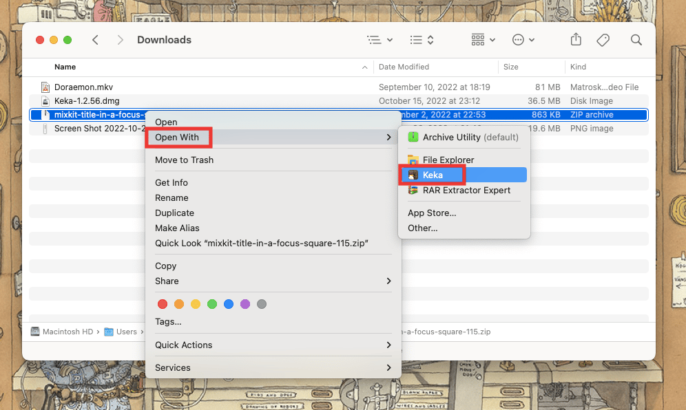 將光標懸停在 Open With 選項上，然後單擊 Keka。修復 macOS 上的 Keka 錯誤代碼 2