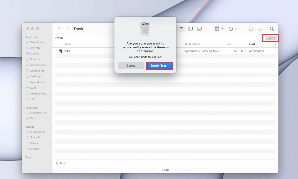 คลิกที่ Empty และยืนยันโดยคลิกที่ Empty Trash