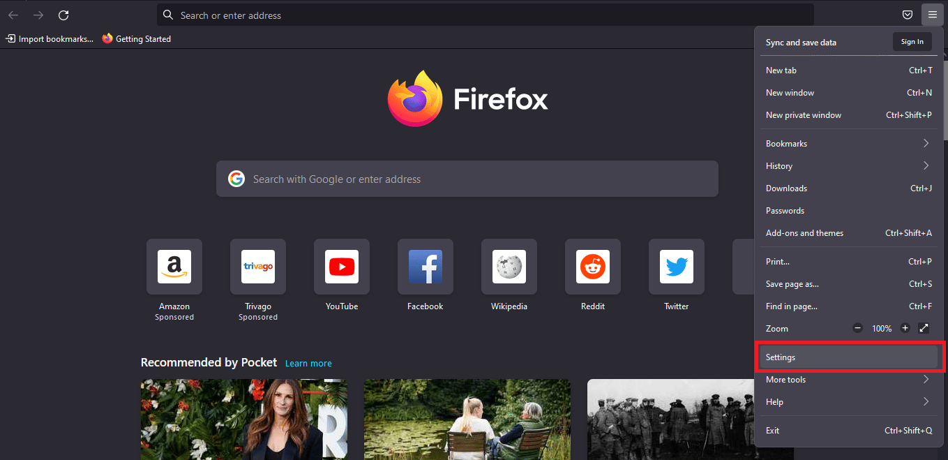 klik pengaturan di menu firefox. Perbaiki Kesalahan Netflix 70371101 di Windows 10