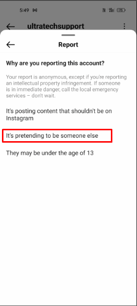 Acum selectați opțiunea Raportați contul și selectați opțiunea Se pretinde a fi altcineva