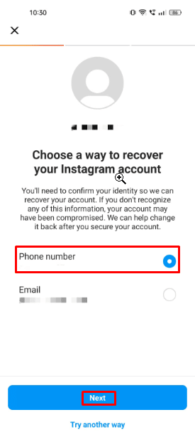 Agora escolha a opção Número de telefone para recuperar sua conta do Instagram, caso tenha esquecido seu endereço de e-mail.