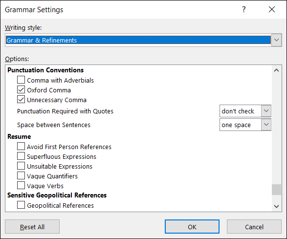 Configurações adicionais de gramática no Word