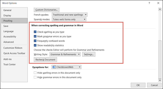 Configurações de ortografia e gramática nas opções do Word