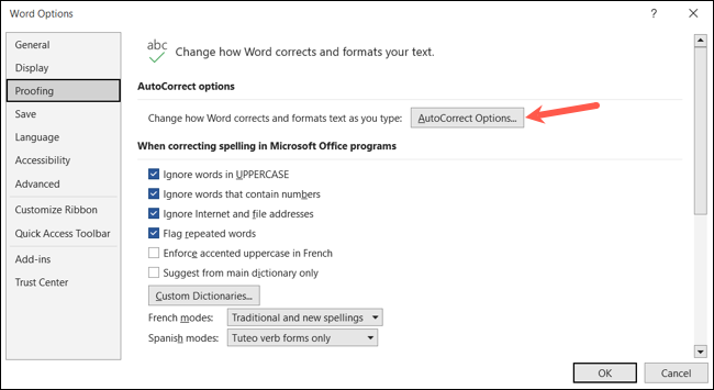 Options de correction automatique dans les options Word