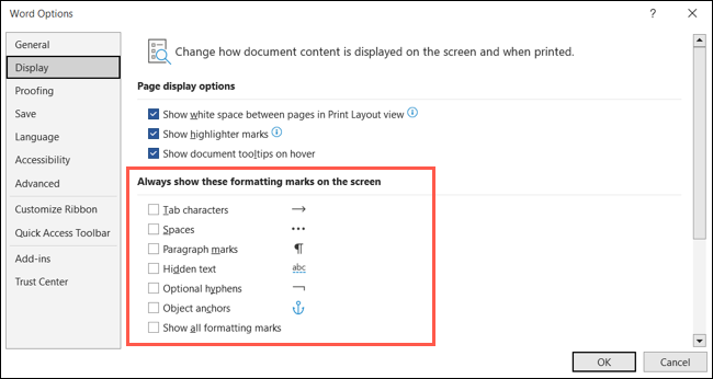 Segni di formattazione da visualizzare in Word