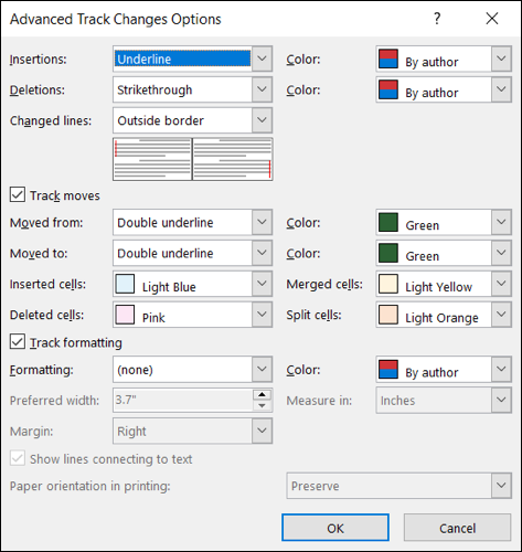 Configurações avançadas de controle de alterações no Word