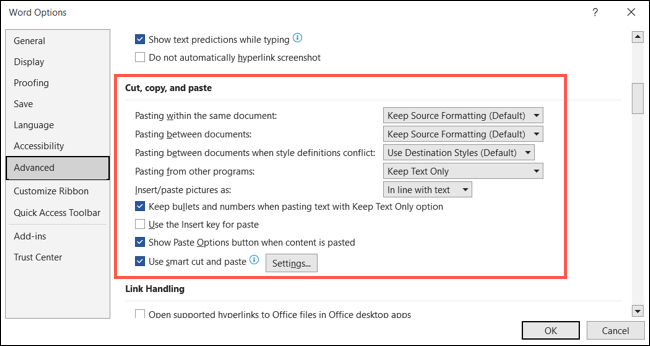 Couper, copier et coller les paramètres dans les options de Word