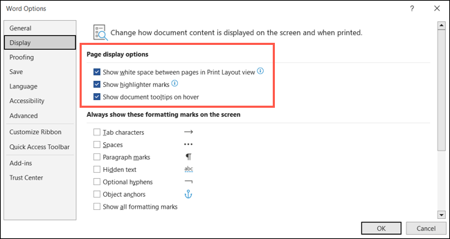 Opciones de visualización para Word