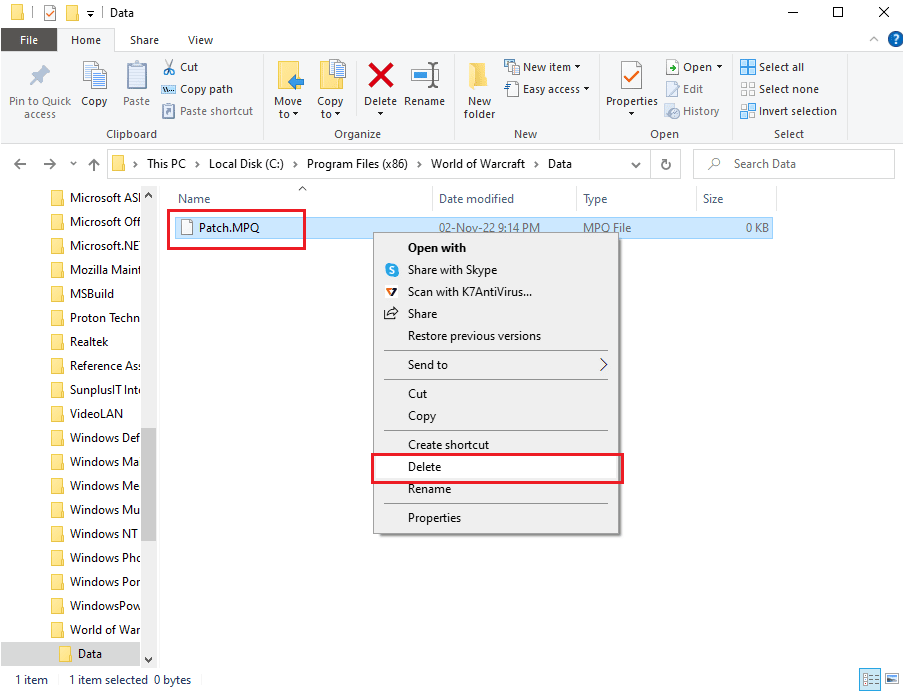 คลิกขวาที่ไฟล์ Patch.MPQ และคลิกที่ตัวเลือก Delete แก้ไขไม่สามารถตรวจสอบเวอร์ชันเกม WOW error