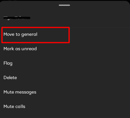 Ahora seleccione Mover a General desde el menú | ocultar una conversación en Instagram