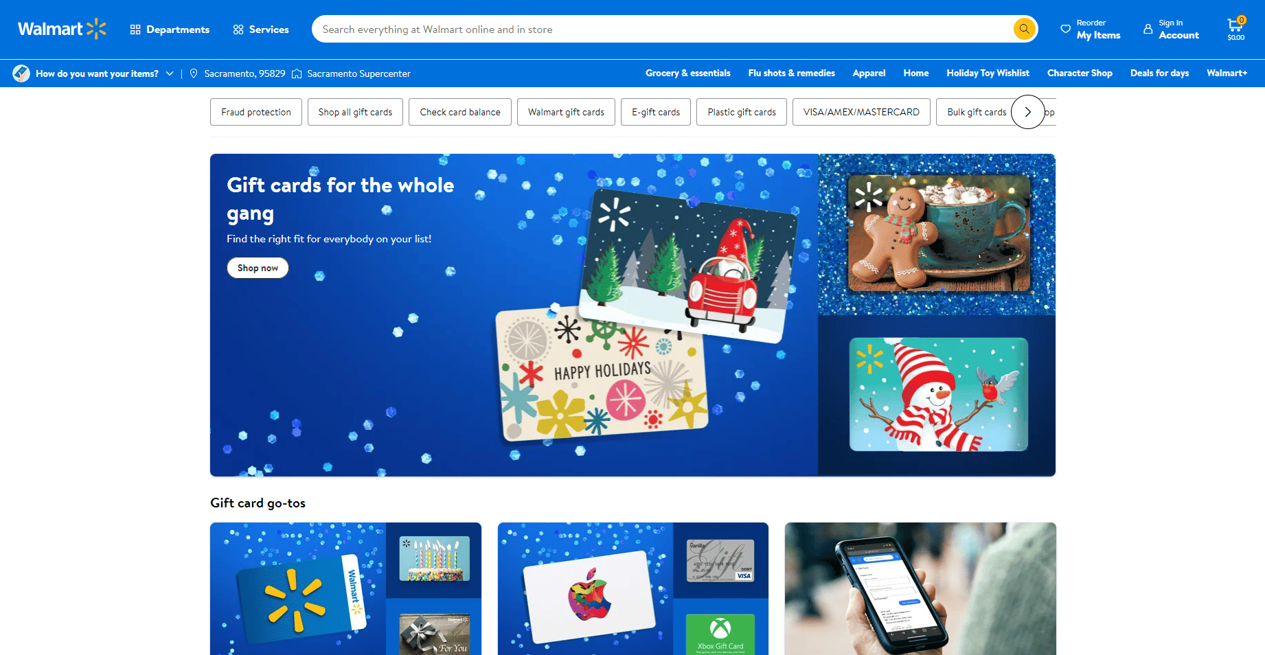 Page des cartes-cadeaux Wallmart