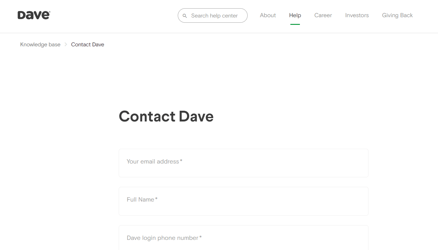 Formulario de solicitud de atención al cliente de Dave | cambiar mi fecha de pago con Dave