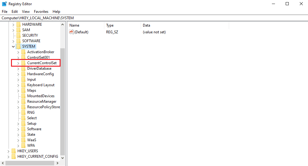 Arahkan dan klik pada folder CurrentControlSet