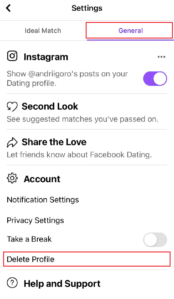 [全般] タブをタップします - [プロファイルの削除] オプション | Facebook デート プロフィールの写真を削除する