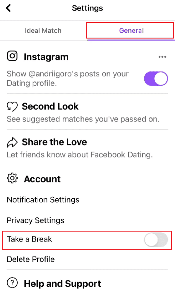 Disattiva l'interruttore per l'opzione Fai una pausa per disattivarlo | eliminare una foto sul mio profilo di Facebook Dating