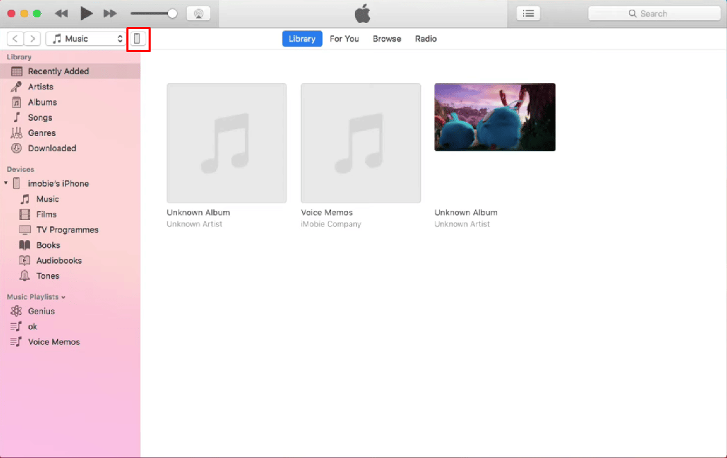 Cliquez ensuite sur l'icône de l'appareil présente en haut à gauche de l'écran d'accueil d'iTunes.