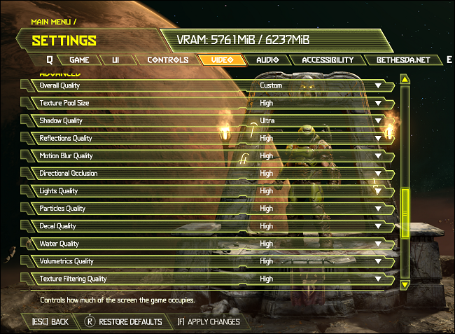 Paramètres graphiques de Doom Eternal sur un PC Windows.