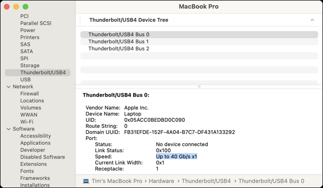 Mac のシステム情報を表示して、Thunderbolt の速度を測定します