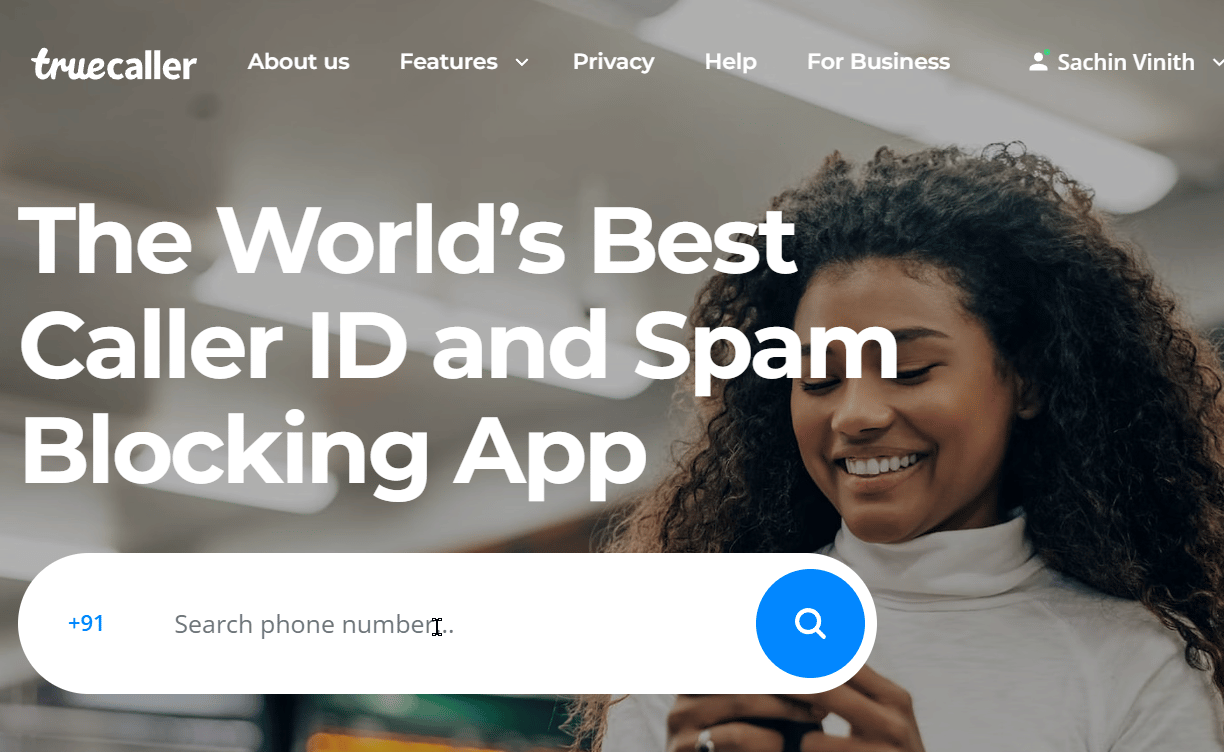 الصفحة الرئيسية لـ truecaller