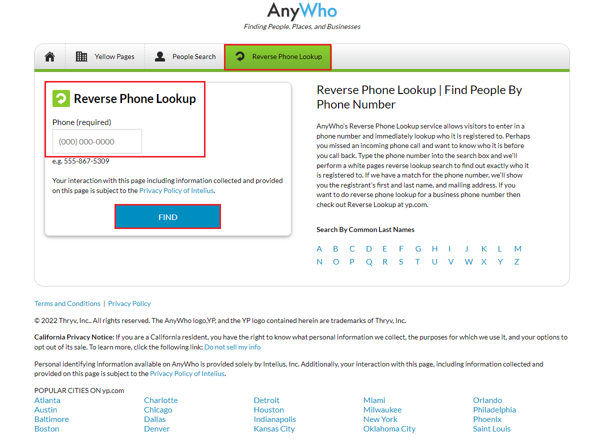 Pesquisa reversa de telefone AnyWho