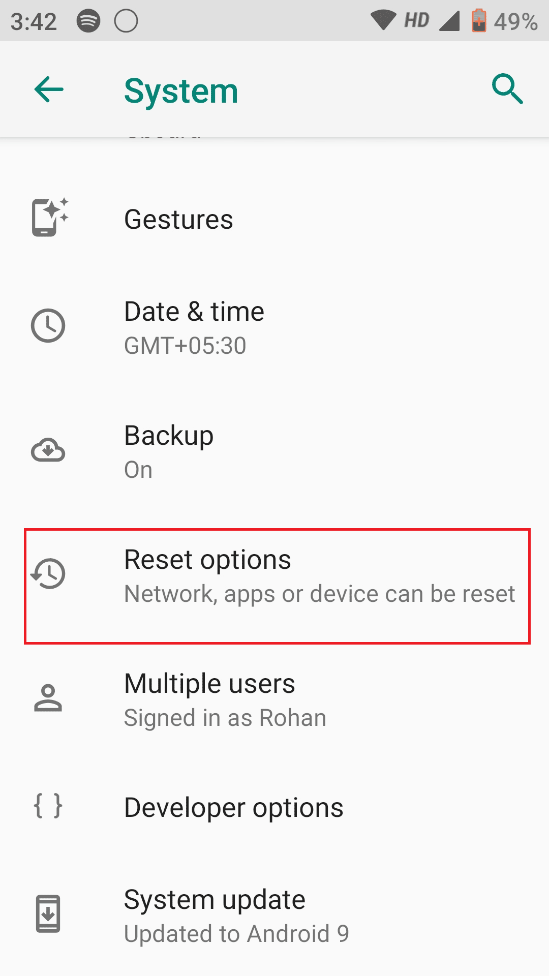 Toque las opciones de reinicio en la configuración del sistema. Arreglar el modo de recuperación de Android sin error de comando