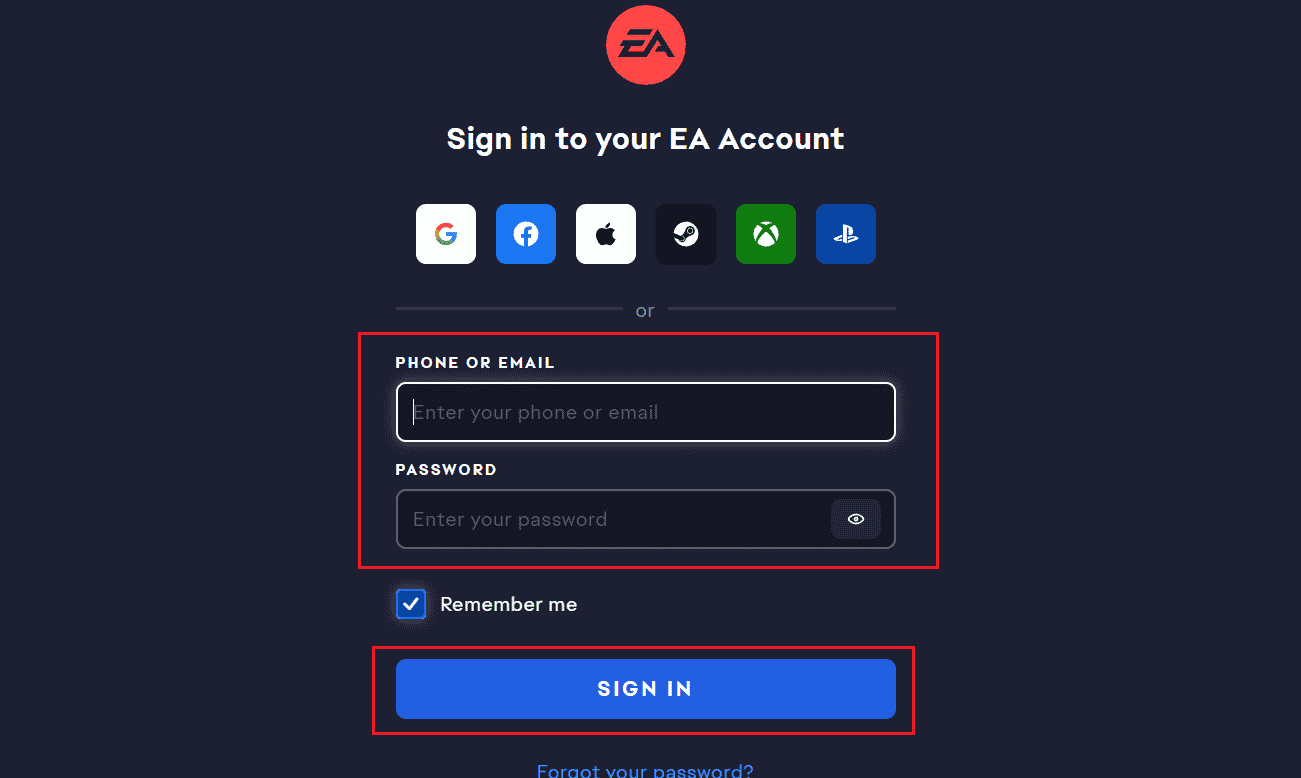 サインイン資格情報を入力し、EA サインイン ページで [サインイン] をクリックします。