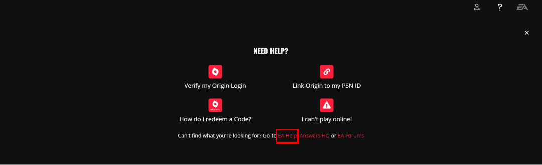 Haga clic en Ayuda de EA | ¿Cómo desvinculo la cuenta EA de PS4?