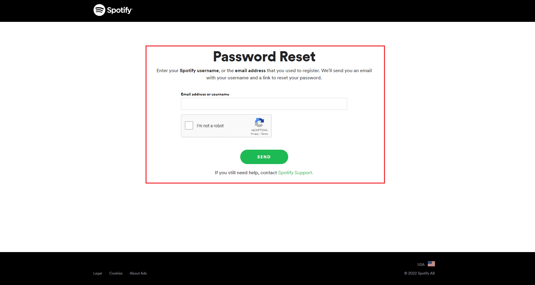 Spotify Reimposta la tua pagina della password