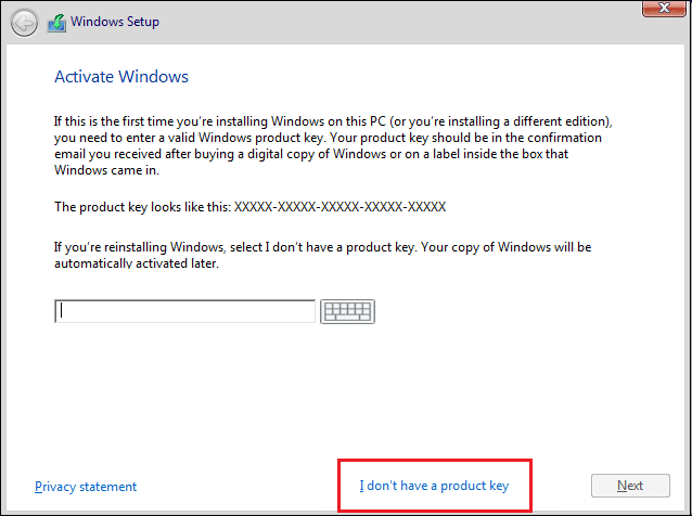 fare clic su Non ho un codice Product Key. Correggi Windows Continua a chiedere l'errore delle mie credenziali