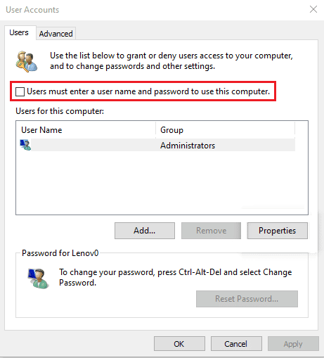 hapus centang Pengguna harus memasukkan nama pengguna dan kata sandi untuk menggunakan opsi komputer ini di akun Pengguna