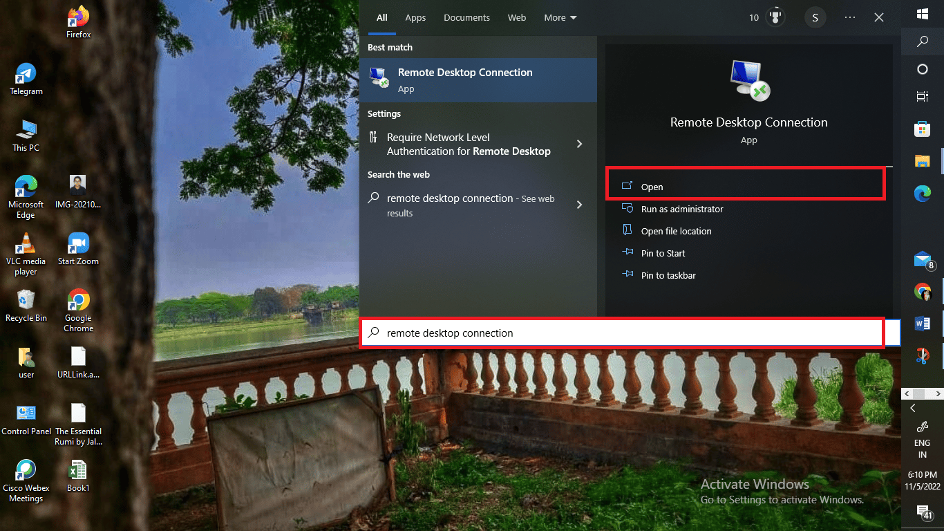 Digite Remote Desktop Connection e clique em Open.