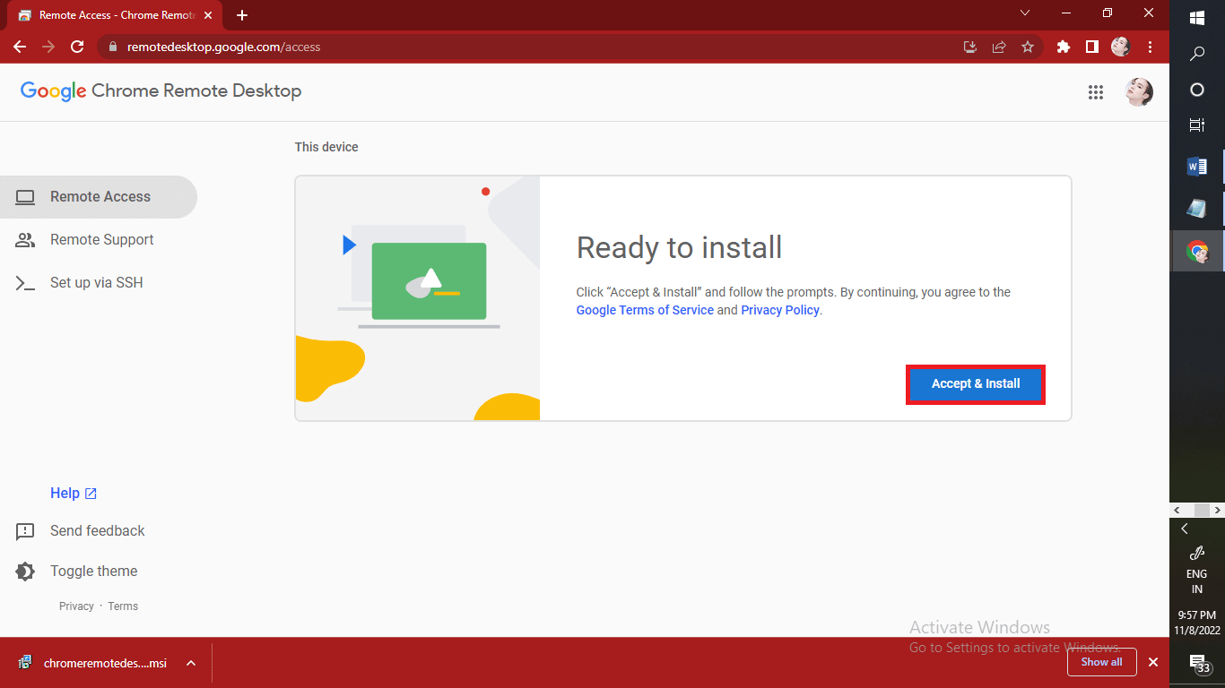 Klik Terima dan Instal untuk menginstal ekstensi aplikasi Google Remote Desktop. | Apa itu Kode Akses Jarak Jauh?