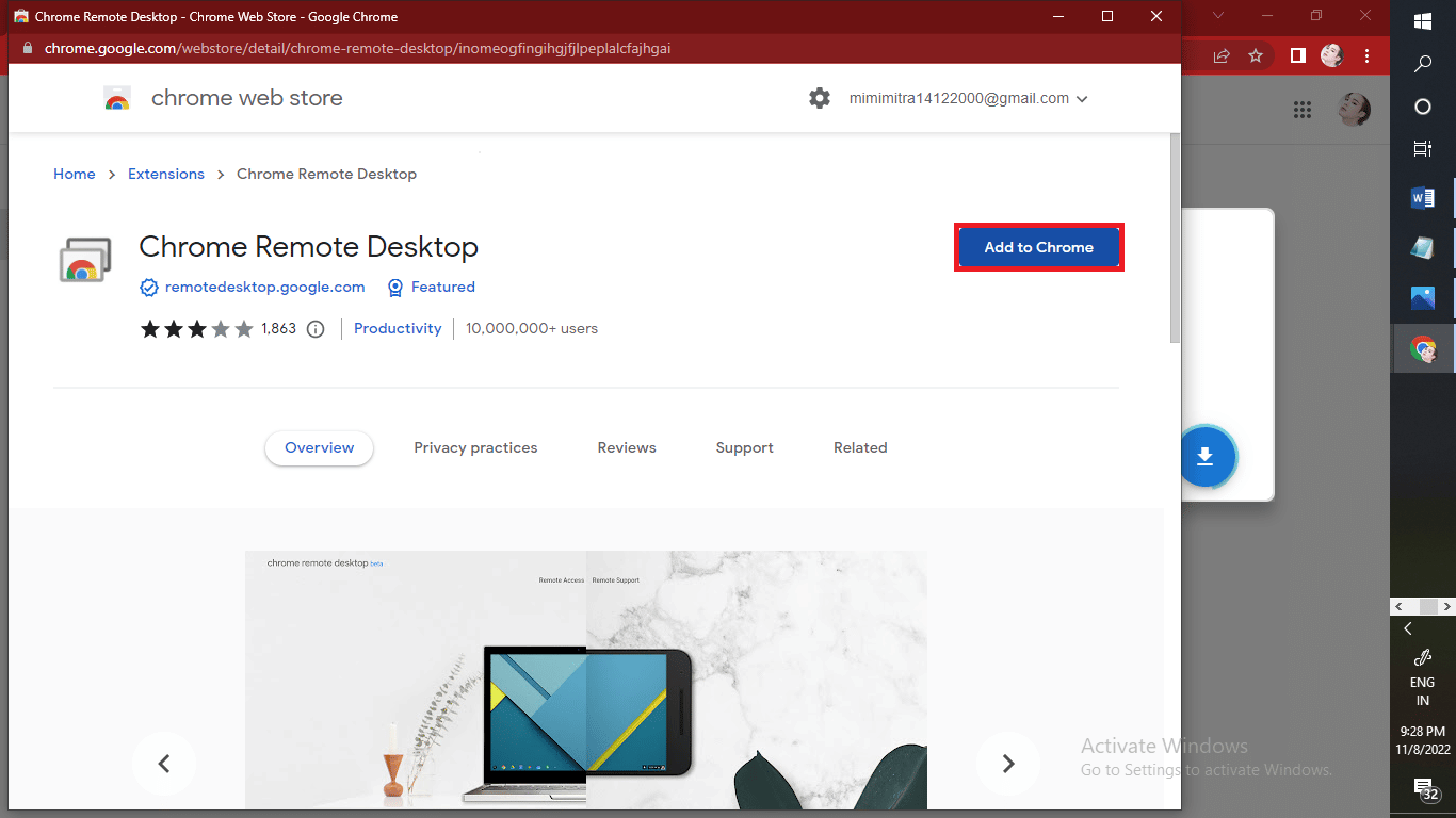 Klik tombol Tambahkan ke Chrome untuk memulai proses mengunduh ekstensi desktop akses jarak jauh Google Chrome ke komputer Anda. | | terhubung ke jaringan jarak jauh