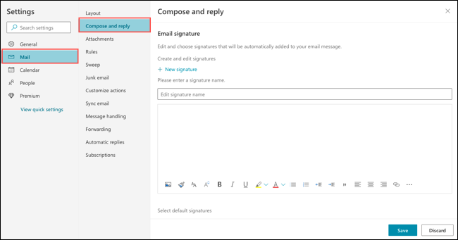 Section Signature d'e-mail dans les paramètres de composition et de réponse d'e-mail