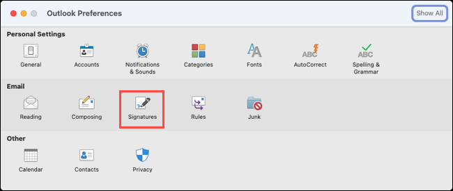 Tanda tangan di Preferensi Outlook di Mac