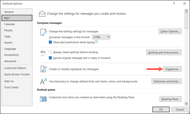 Bouton Signatures dans les options Outlook Mail