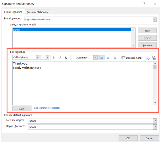 مربع التوقيع في Outlook