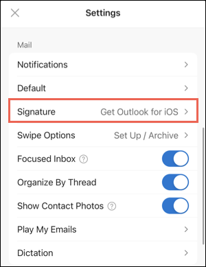 Assinatura nas configurações do Outlook para dispositivos móveis