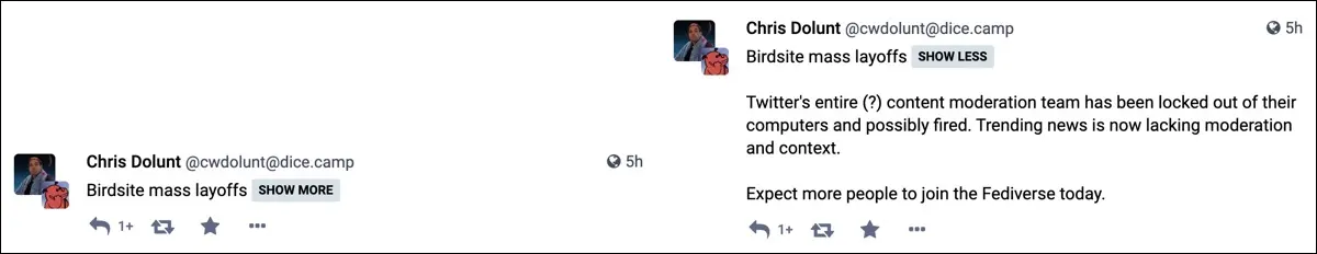 imagen de una publicación de Mastodon con una advertencia de contenido de "Despidos masivos en Birdsite"